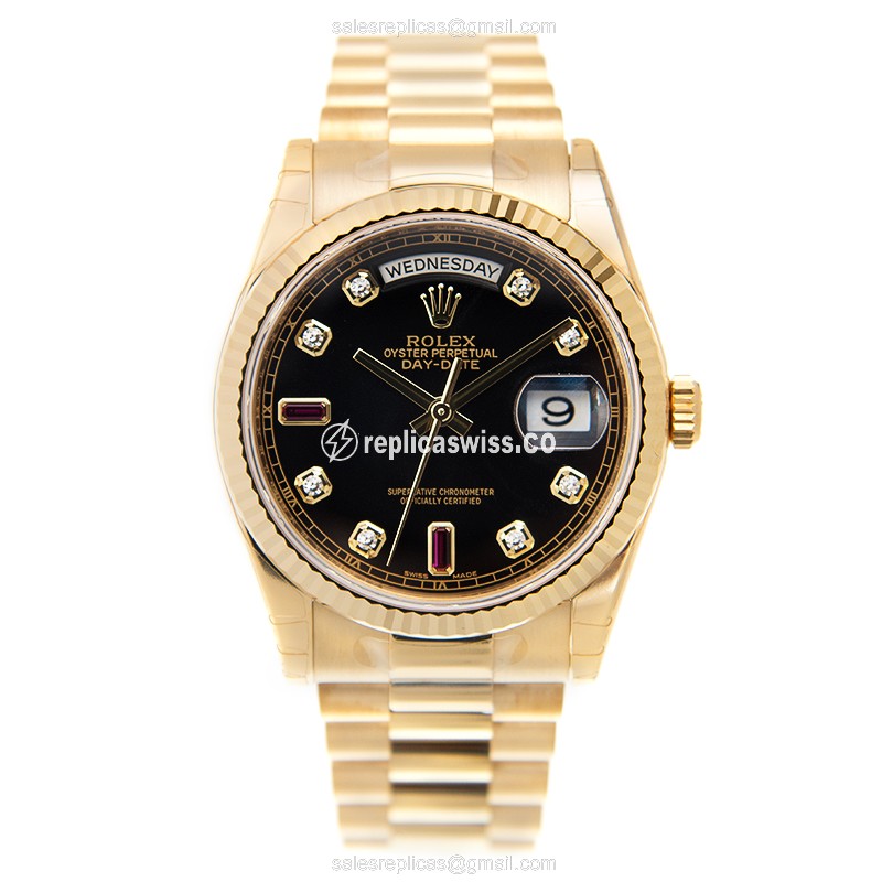 Rolex DAY-DATE Replica - Automatic - 18kt Gold Case - Black Dial - View 2