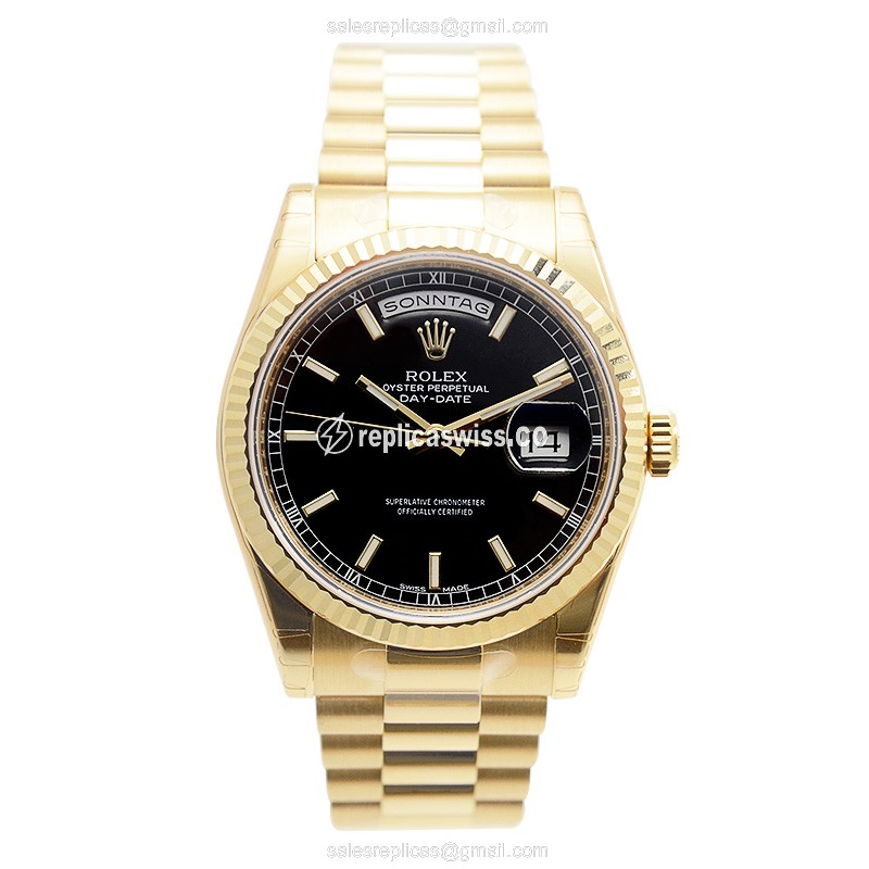 Rolex DAY-DATE Replica - Automatic, Black Dial, Gold Clasp & Band - View 2