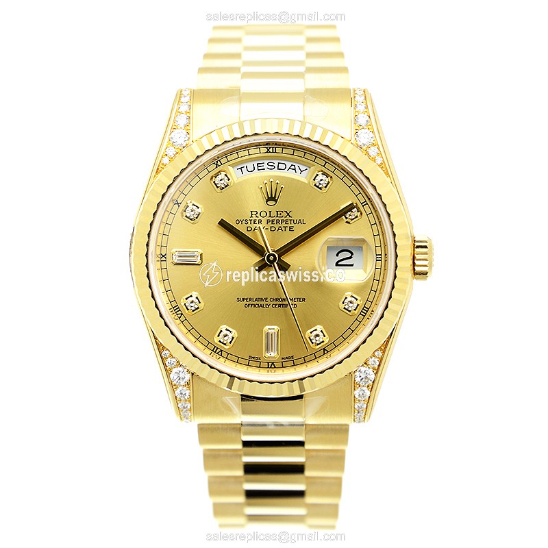 Rolex DAY-DATE Replica | Automatic | Gold Dial | Clasp | Gold Strap - View 2