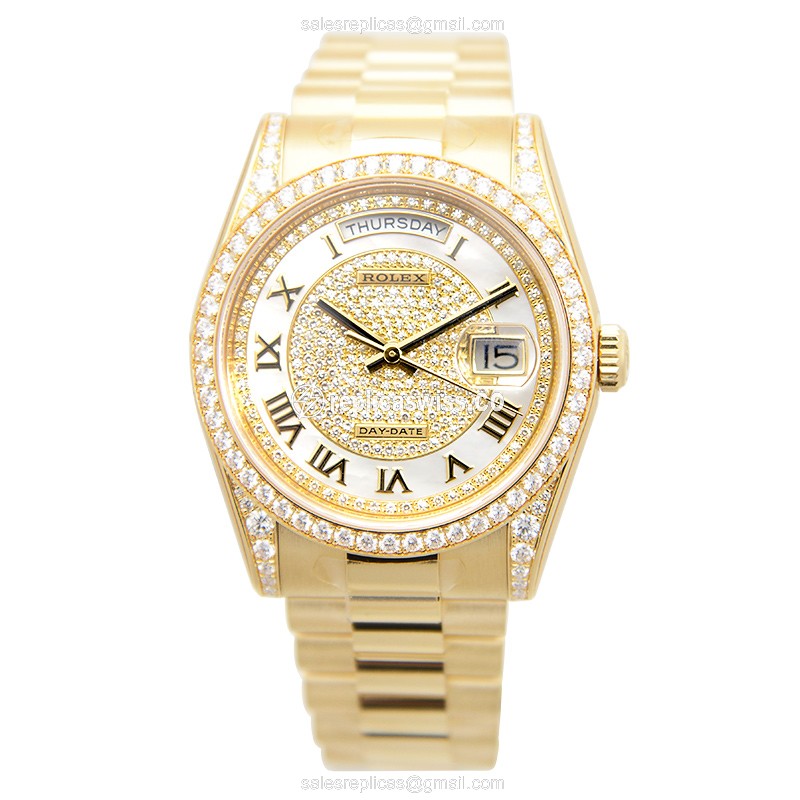 Rolex Day-Date Replica: Automatic - 18kt Gold Case - Diamond Dial - Gold Strap - View 2
