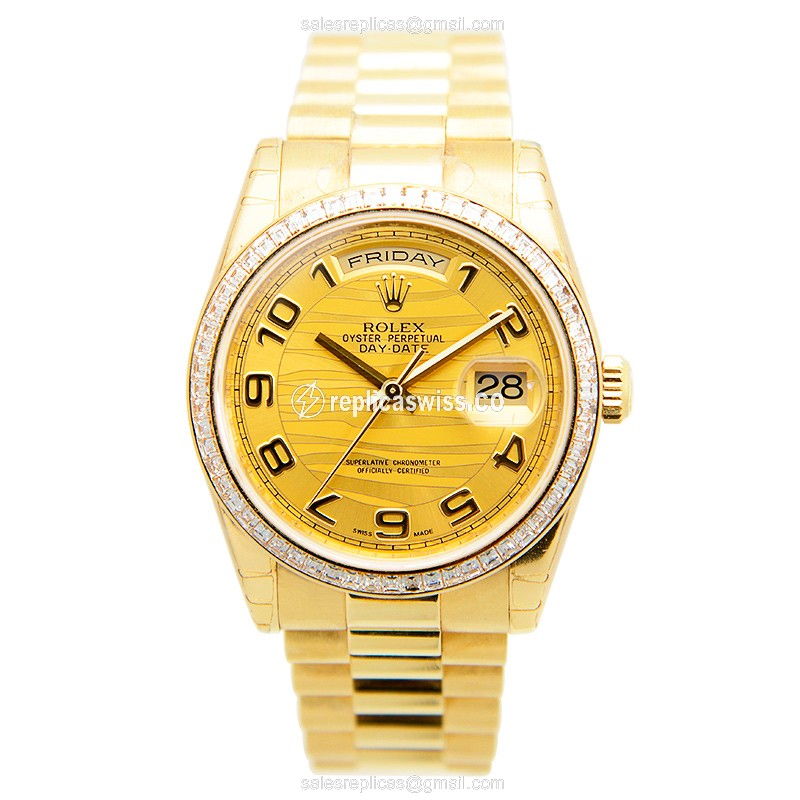 Rolex Day-Date Replica - Automatic - 18kt Gold Case - Diamond Bezel - Gold Strap - View 2