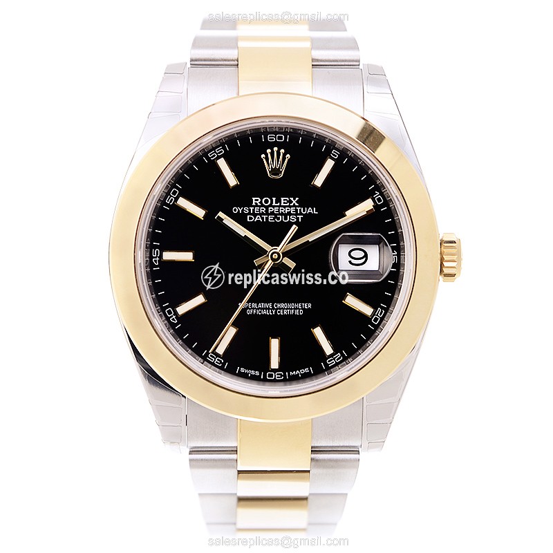Rolex Datejust Replica: Automatic, 18kt Gold & Steel Case, Black Dial, Gold Clasp - View 2
