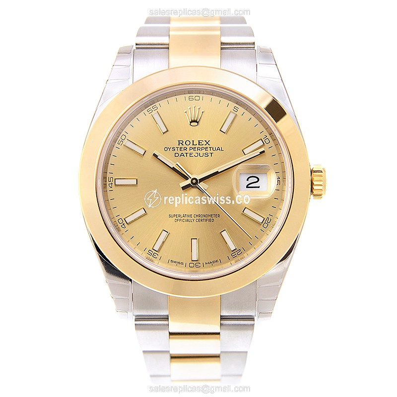 Rolex DATEJUST Replica - Automatic - Gold Case, Gold Dial - 18kt Steel Bracelet - View 2