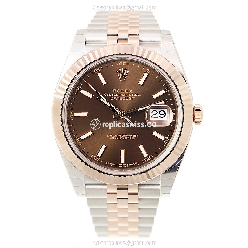 Rolex DATEJUST Replica - Automatic - 18kt Rose Gold & Steel - Brown Dial - Gold Strap - View 2