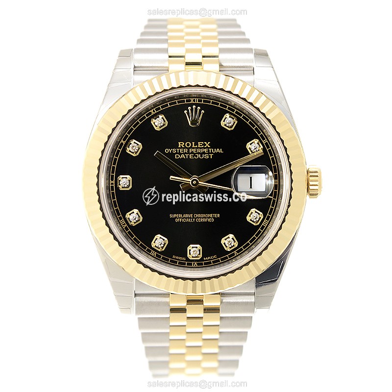 Rolex DATEJUST Replica - Automatic - 18kt Gold & Steel - Black Dial, Gold Clasp - View 2