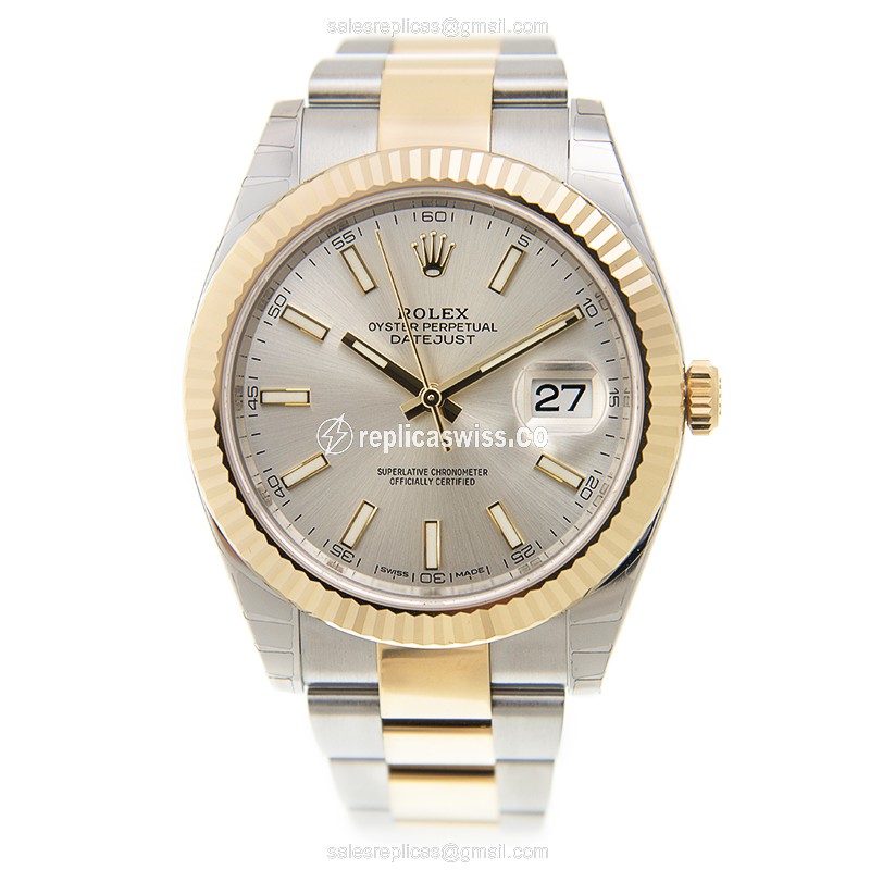 Rolex DATEJUST Replica - Automatic - 18kt Gold Case - Silver Dial - Gold Steel Strap - View 2