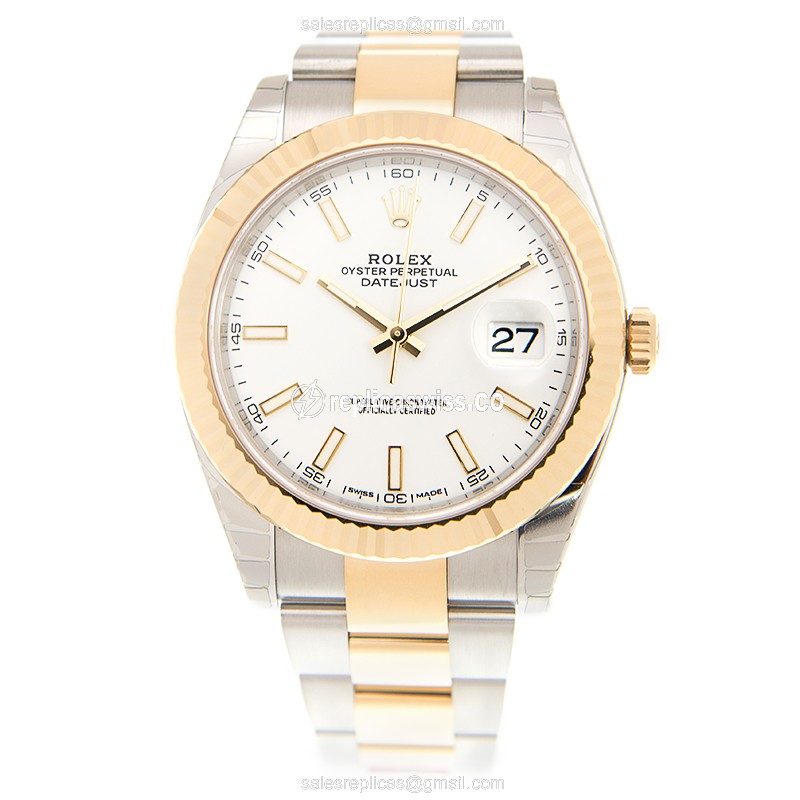 Rolex DATEJUST Replica - Automatic - 18kt Gold & Steel Case - White Dial on Gold Strap - View 2