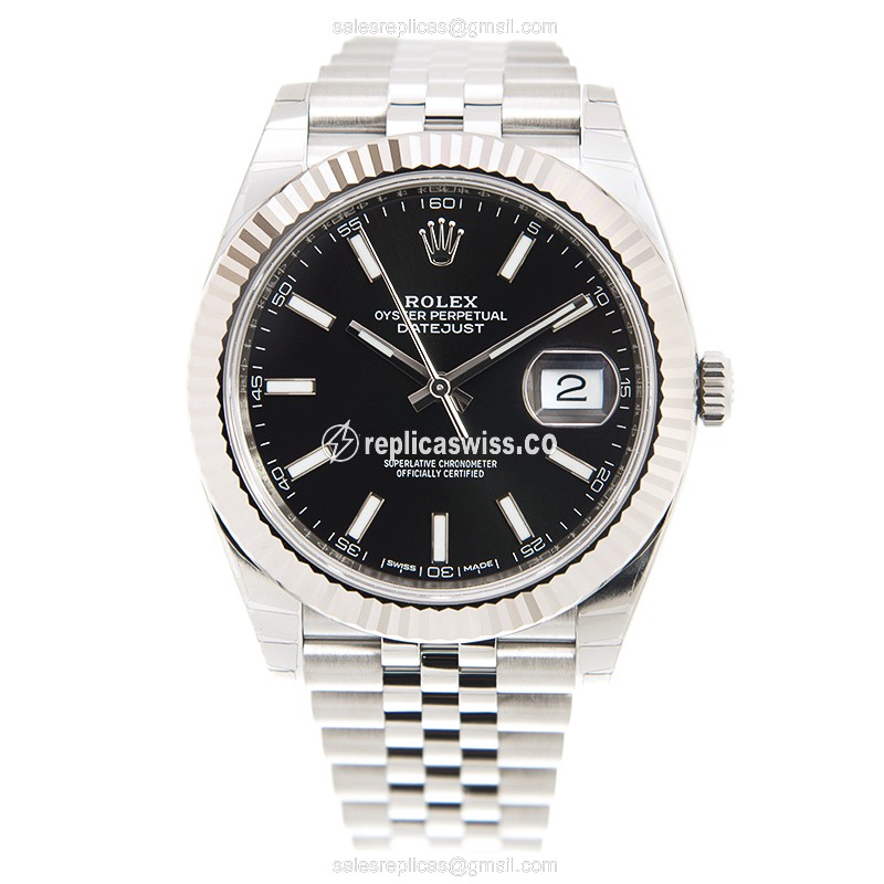 Rolex DATEJUST Replica - Automatic - 18kt White Gold & Steel - Black Dial on Silver Steel Strap - View 2