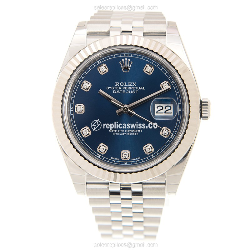 Rolex DATEJUST Replica - Automatic - White Gold - Blue Dial, Steel Clasp & Silver Strap - View 2