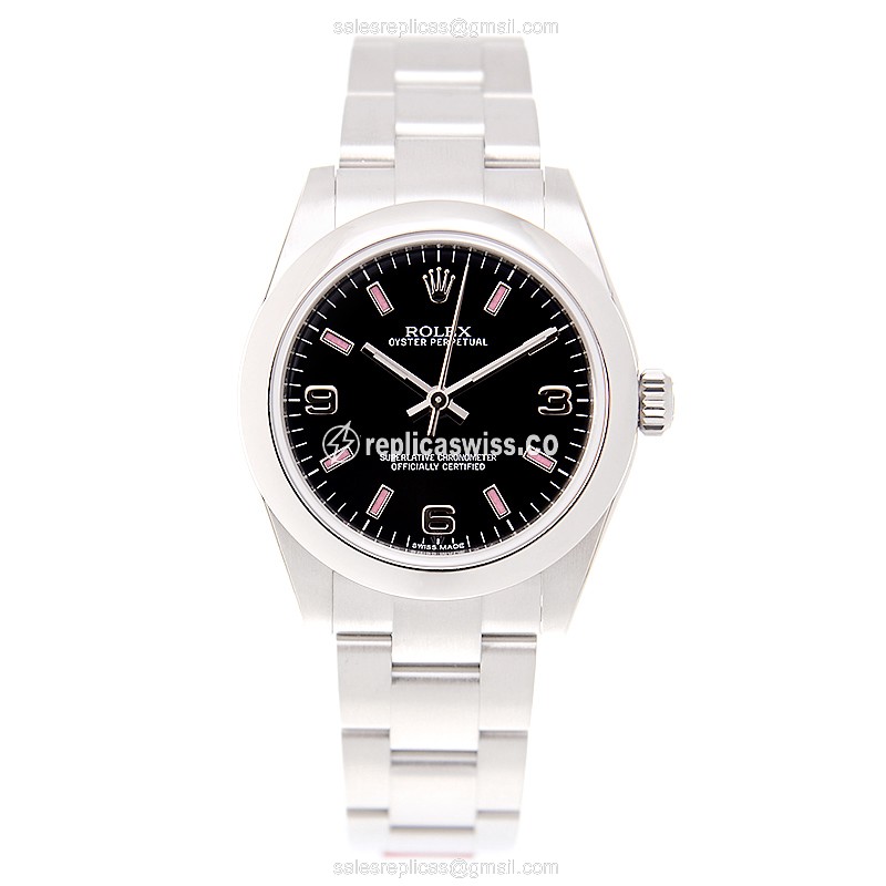 Rolex OYSTER PERPETUAL Replica - Automatic - Steel Case - Black Dial, Silver Clasp & Strap - View 2