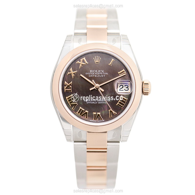 Rolex Lady Datejust Replica - Automatic - 18kt Rose Gold Case - Brown Dial on Silver Strap - View 2