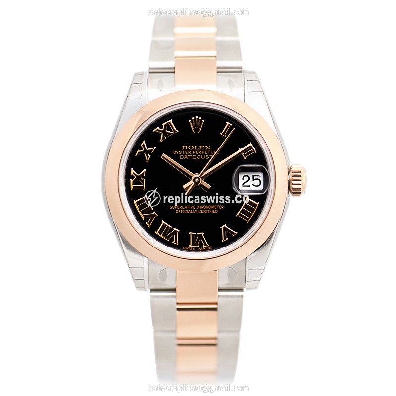 Rolex Lady Datejust Replica - Automatic, 18kt Rose Gold Case, Black Dial, Silver Clasp & Strap - View 2