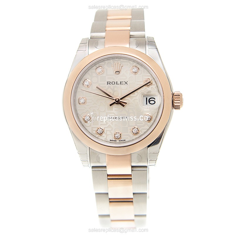 Rolex Datejust Lady Replica | Automatic | 18kt Rose Gold Case, Silver Dial | Gold Strap - View 2