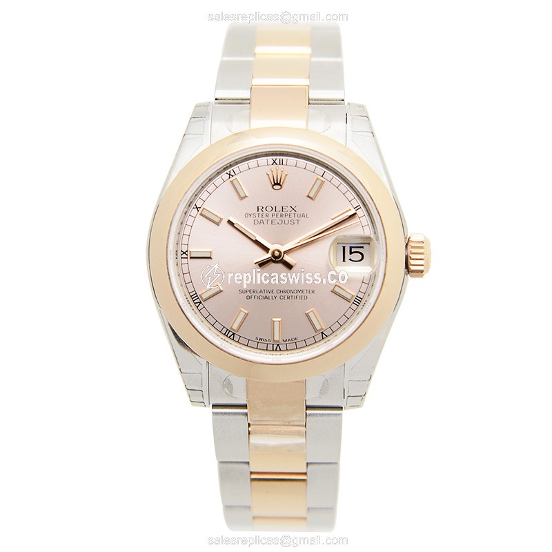 Rolex Lady Datejust Replica - Automatic - 18kt Rose Gold & Steel Case - Pink Dial - Gold Strap - View 2