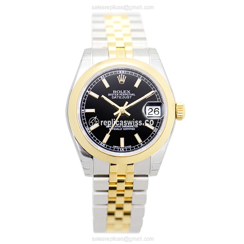 Rolex Lady Datejust Replica - Automatic - Black Dial - Gold Clasp - Gold Strap - View 2