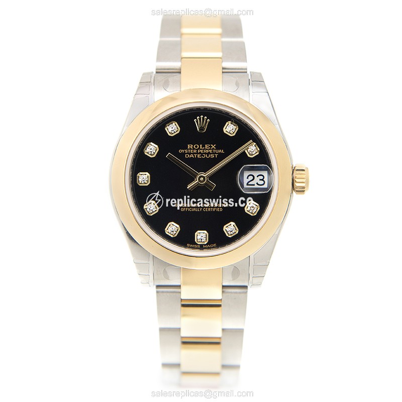 Rolex Lady Datejust Replica - Automatic - 18kt Gold & Steel - Black Dial - Gold Strap - View 2