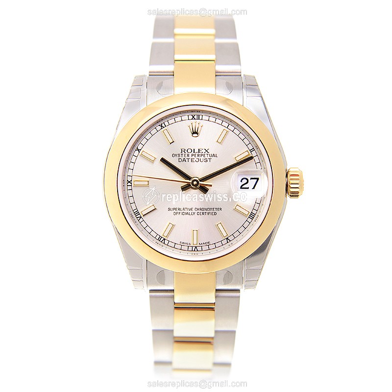 Rolex Datejust Lady Replica - Automatic - 18kt Gold & Steel - Silver Dial - Gold Strap - View 2