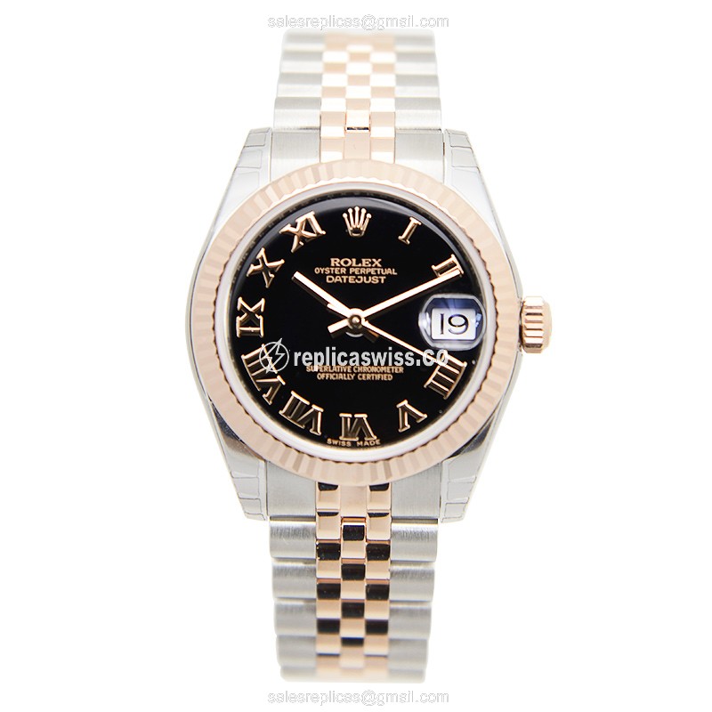 Rolex Lady Datejust Replica - Automatic - 18kt Rose Gold & Steel - Black Dial - Pink Strap - View 2