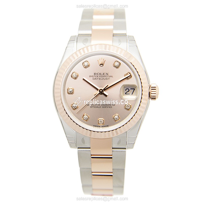 Rolex Lady Datejust Replica - Automatic - 18kt Rose Gold & Steel Case - Pink Dial - Gold Strap - View 2