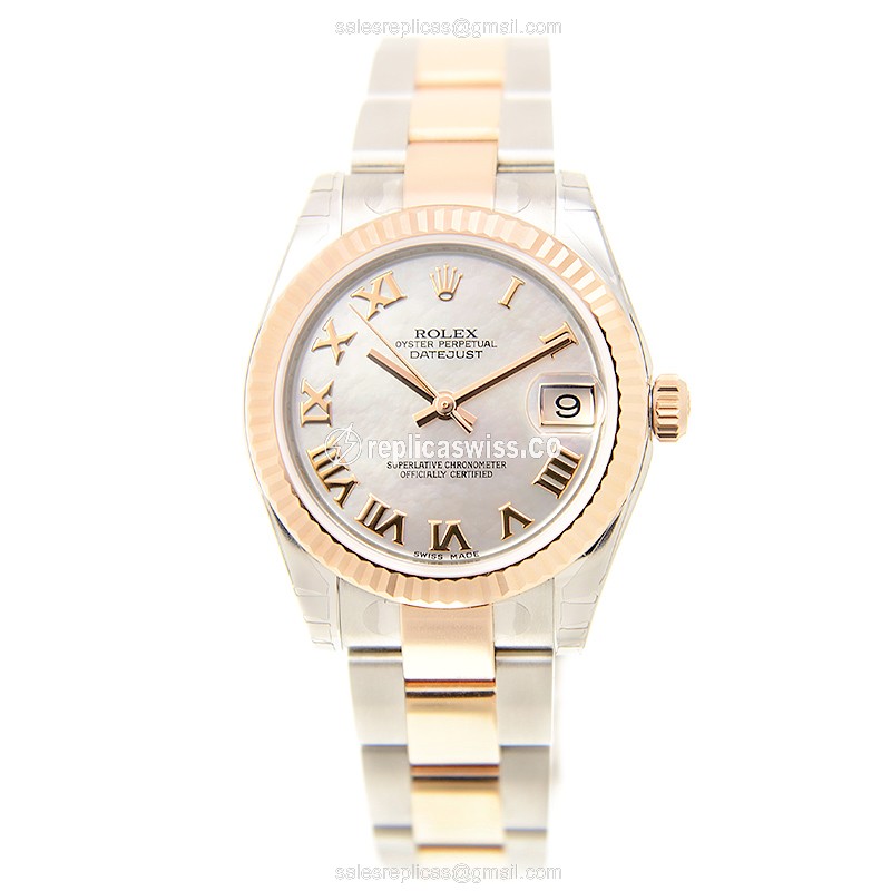 Rolex Lady Datejust Replica - Automatic - White on Gold & Steel - 28mm Case - View 2