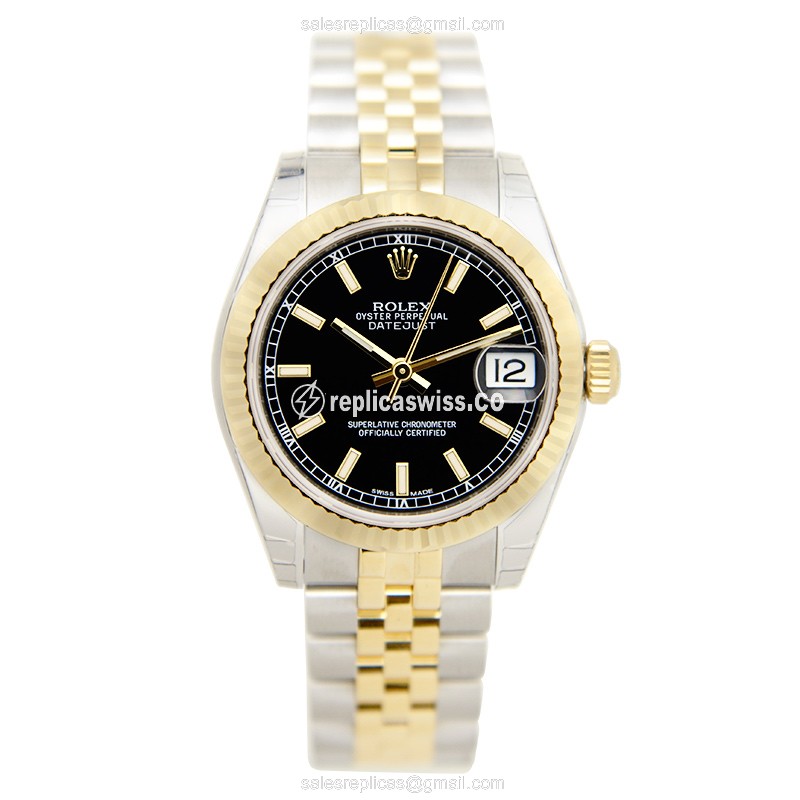 Rolex Lady Datejust Replica - 18kt Gold & Steel Case, Black Dial on Silver Strap - View 2