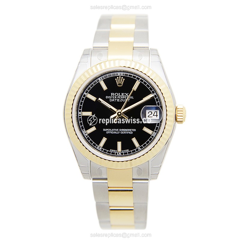 Rolex Lady Datejust Replica - Automatic - 18kt Gold & Steel - Black Dial - View 2