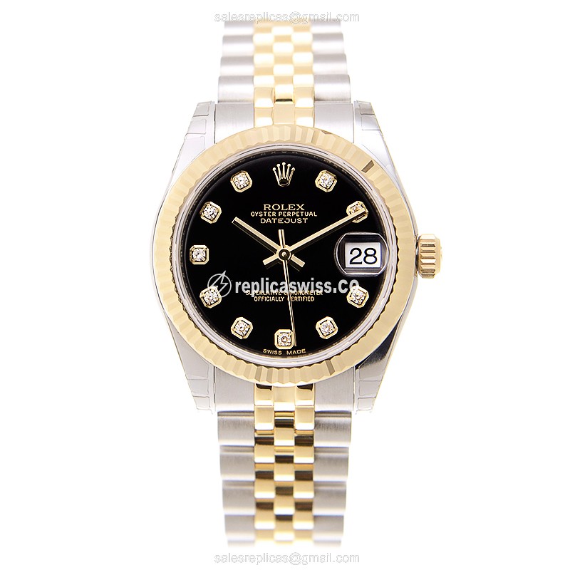 Rolex Datejust Replica - Automatic - 18kt Gold & Steel - Black Dial, Gold Clasp - View 2