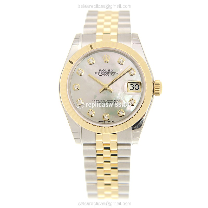 Rolex Datejust Replica - Automatic - 18kt Gold & Steel - White Dial, Silver Clasp - View 2