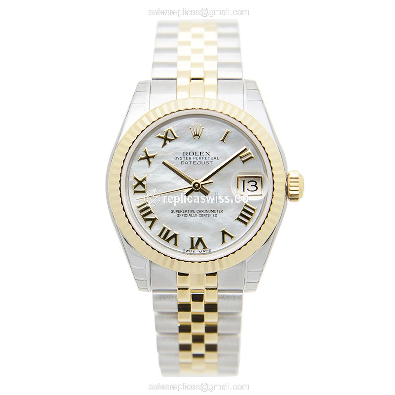 Rolex Lady Datejust Replica - 18kt Gold Case, White Dial on Gold Strap - View 2