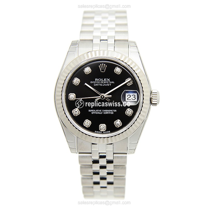 Rolex Lady Datejust Replica - Automatic - White Gold & Steel - Black Dial - Steel Strap - View 2