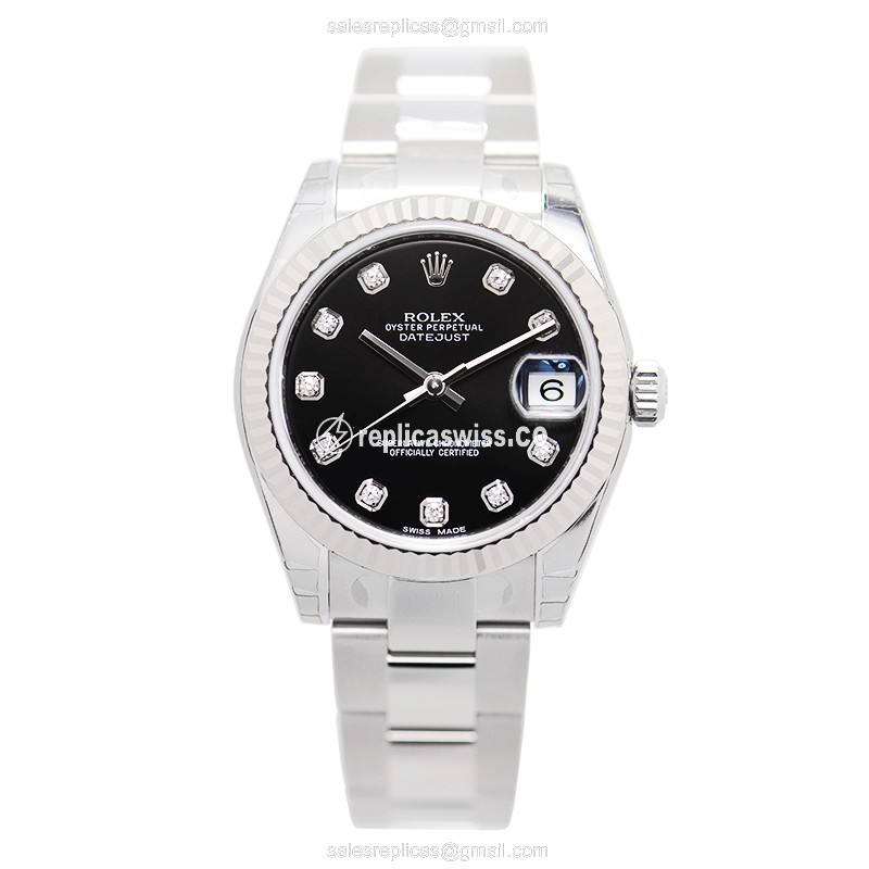 Rolex Datejust Replica - Automatic - 18kt White Gold & Steel - Black Dial on Silver Steel Strap - View 2