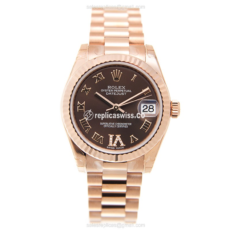 Rolex Lady Datejust Replica - Automatic - 18kt Gold - Brown Dial - Gold Strap - View 2