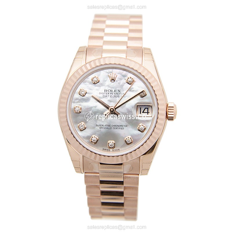Rolex Lady Datejust Replica - Automatic 18kt Rose Gold - Silver Dial, Pink Strap - View 2