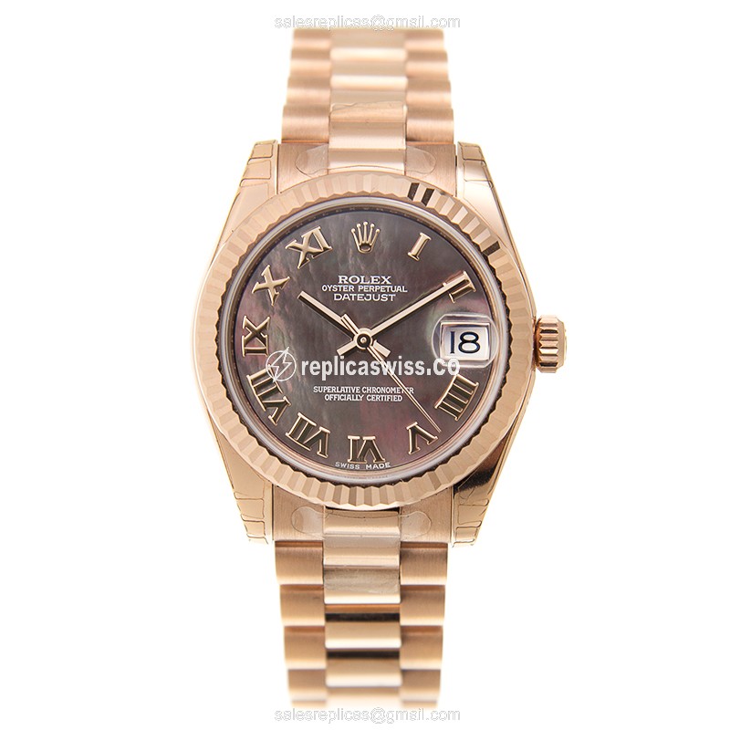 Rolex Datejust Lady Replica - Auto - 18kt Rose Gold - Black - Gold Strap - View 2