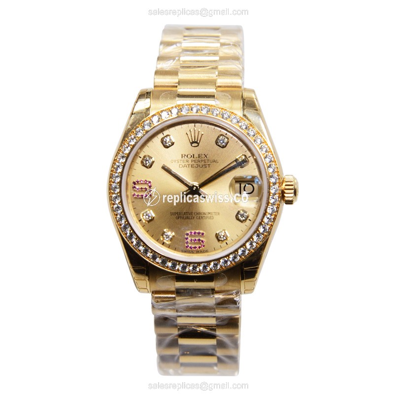 Rolex Lady Datejust Replica - Automatic - Gold Dial - Gold Clasp - 18mm - View 2