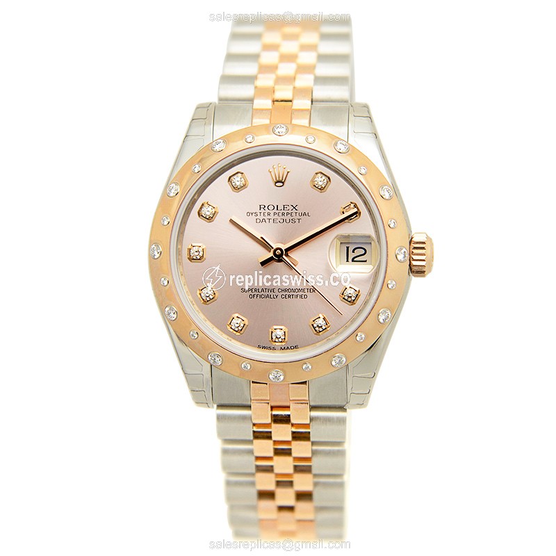 Rolex Lady Datejust Replica - Auto - 18kt Rose Gold & Steel - Pink Dial, Gold Strap - View 2