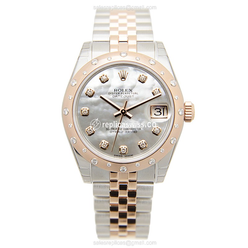 Rolex Datejust Replica - Automatic - 18kt Rose Gold - Diamond Bezel - Pink Strap - View 2
