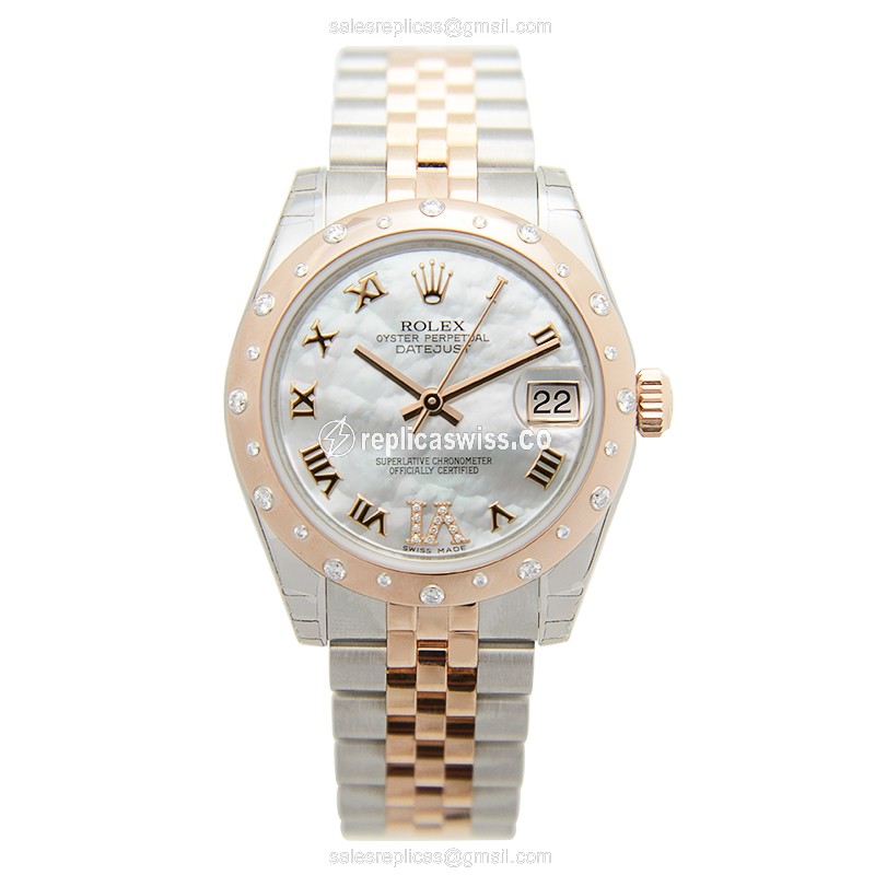 Rolex Datejust Replica - Automatic - 18kt Rose Gold & Steel Case - White Dial, Silver Clasp & Strap - View 2