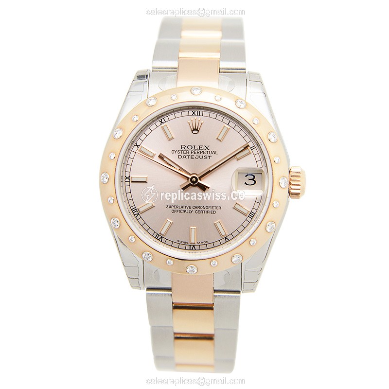 Rolex Datejust Replica - Automatic - 18kt Rose Gold - Pink Dial, Diamond Bezel - View 2