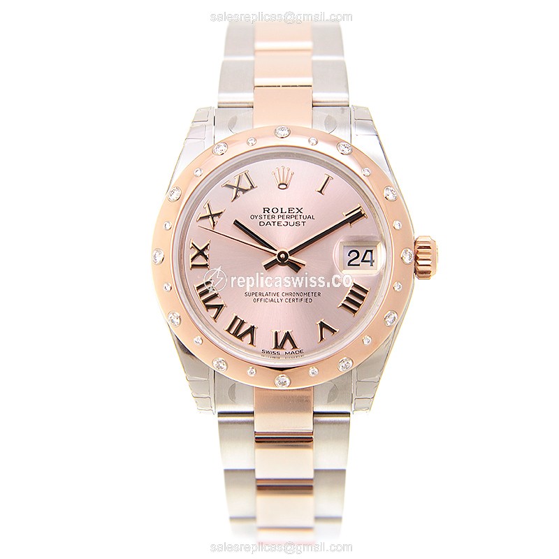 Rolex Lady Datejust Replica - Automatic - 18kt Rose Gold - Pink Dial - Gold Clasp - View 2