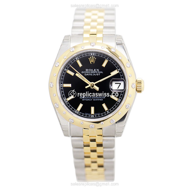 Rolex Datejust Replica - Automatic - 18kt Gold - Black Dial on Silver Strap - View 2