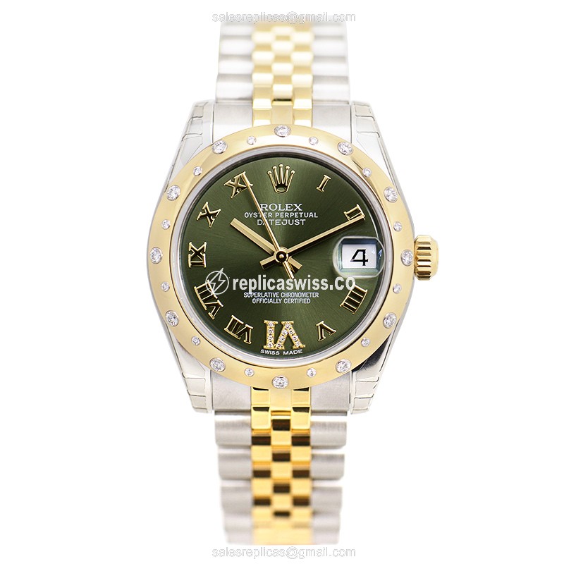 Rolex Datejust Lady Replica - Automatic - 18kt Gold/Steel - Green Dial, Silver Clasp - View 2