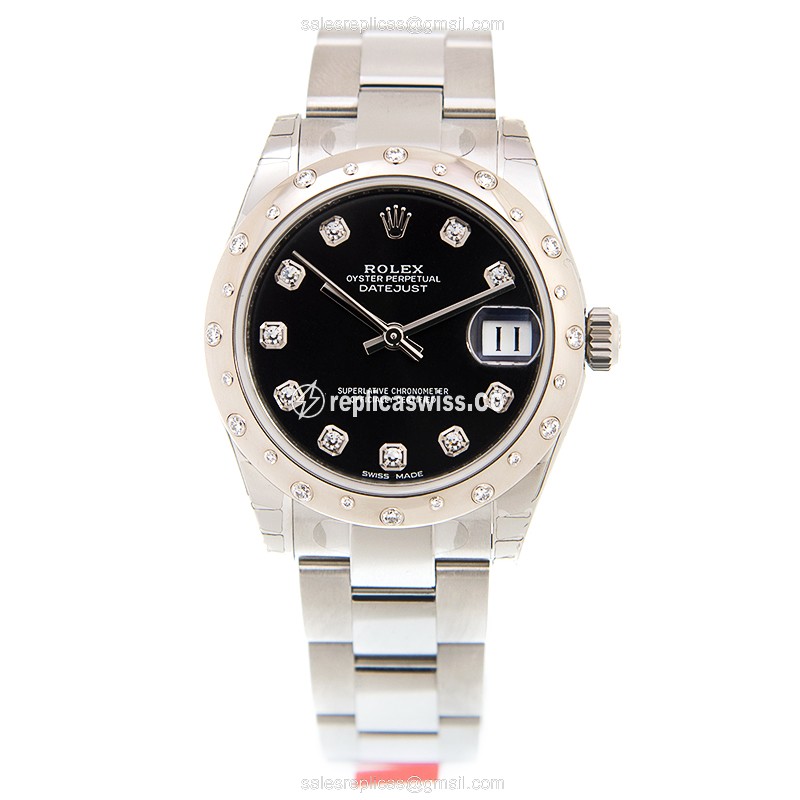 Rolex Datejust Replica - Automatic - White Gold & Steel - Black Dial, Silver Clasp - View 2