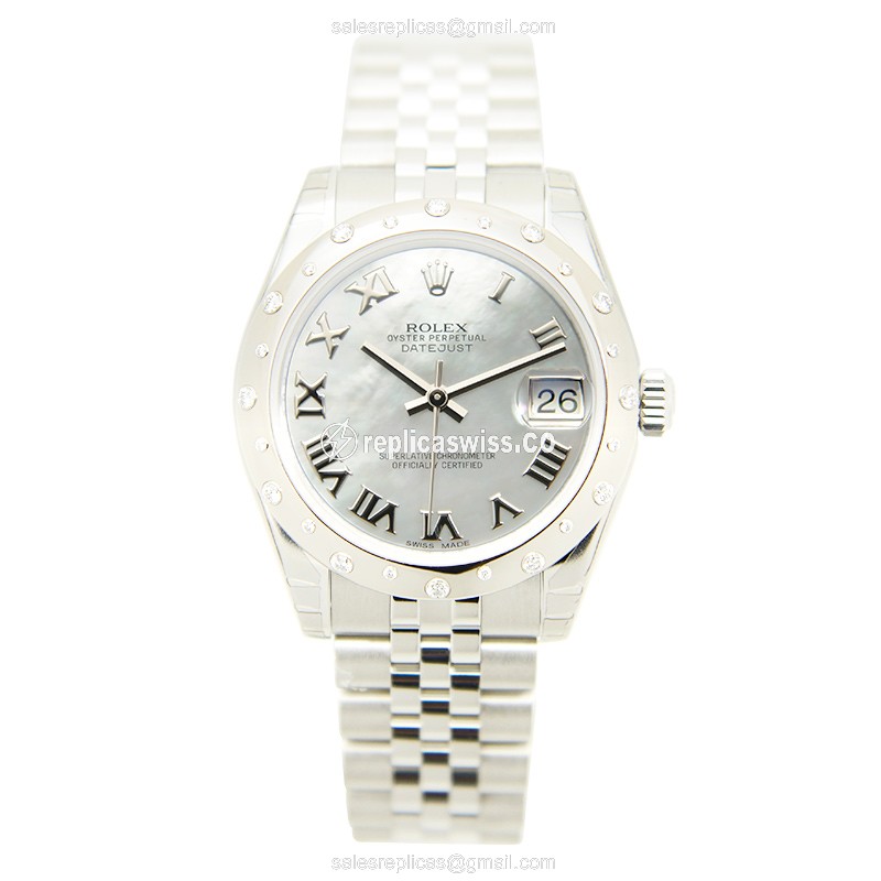 Rolex Lady Datejust Replica - Automatic - White Gold Case, Silver Dial - Steel Clasp & Strap - View 2