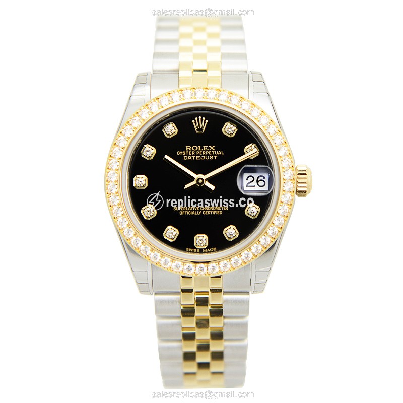 Rolex Datejust Replica - Automatic - 18kt Gold - Diamond Accents - Black Dial - View 2