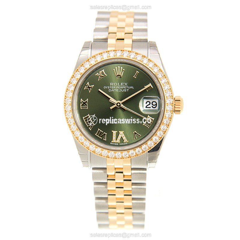 Rolex Datejust Lady Replica - 18kt Gold & Diamond - Automatic - Green Dial, Gold Strap - View 2