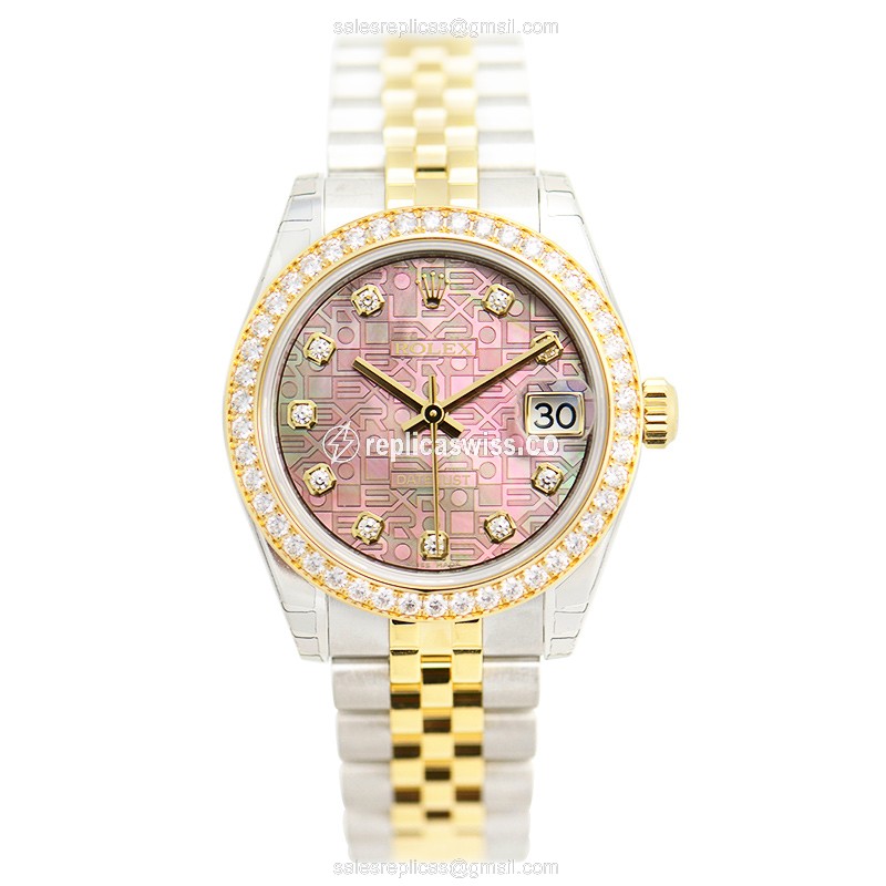 Rolex Datejust Replica - Automatic - 18kt Gold - Pink Dial on Steel Strap - View 2