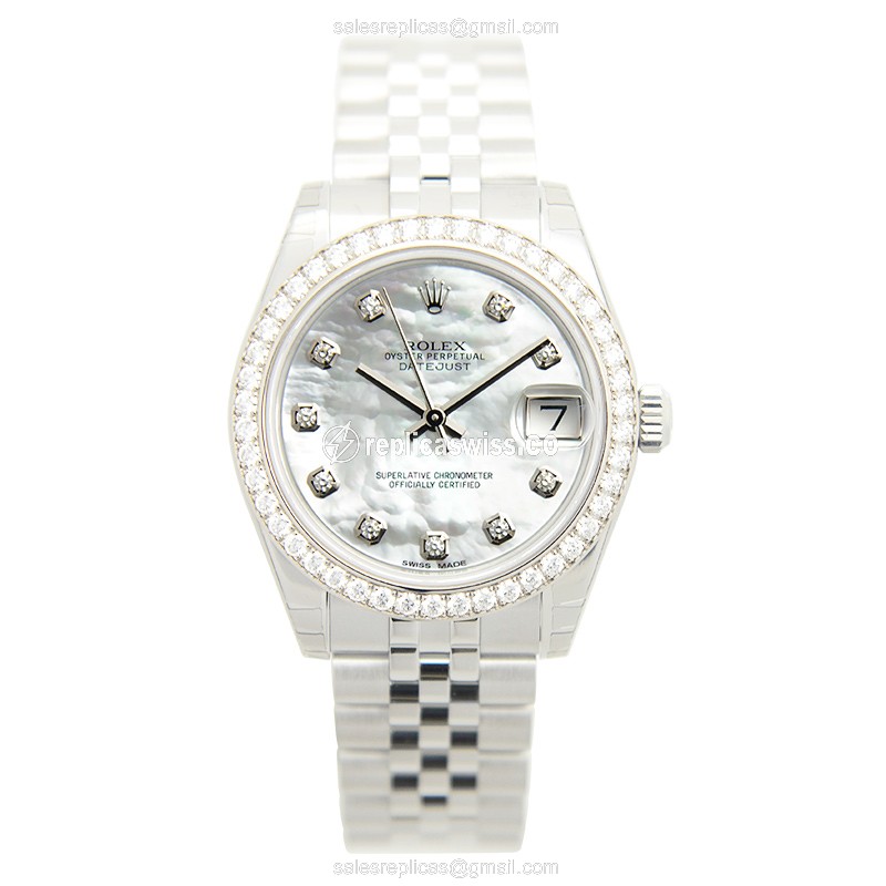 Rolex Datejust Replica - 18kt White Gold - Diamond Accents - Automatic - Silver Dial - Steel Band - View 2