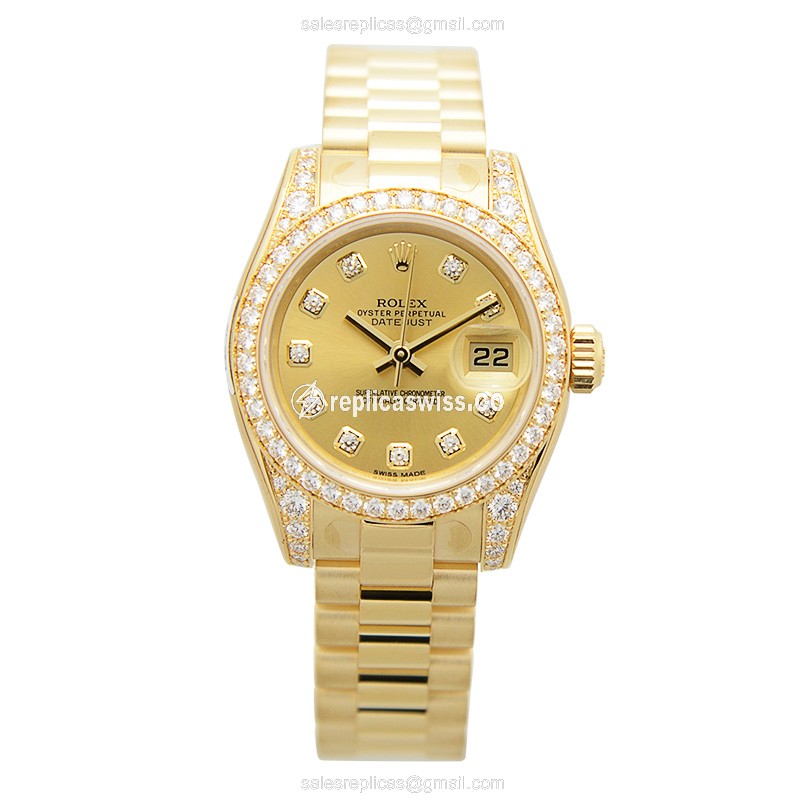 Rolex Lady Datejust Replica - Automatic - 18kt Gold Case - Diamond - Gold Dial - View 2