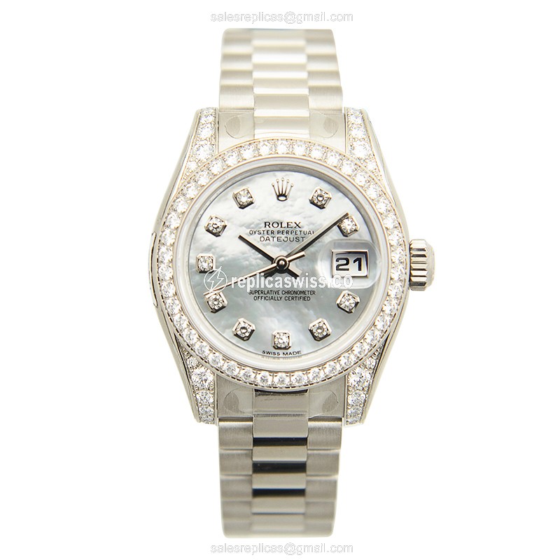 Rolex Lady Datejust Replica - Automatic - White Gold Case, Diamond - Silver Dial - View 2